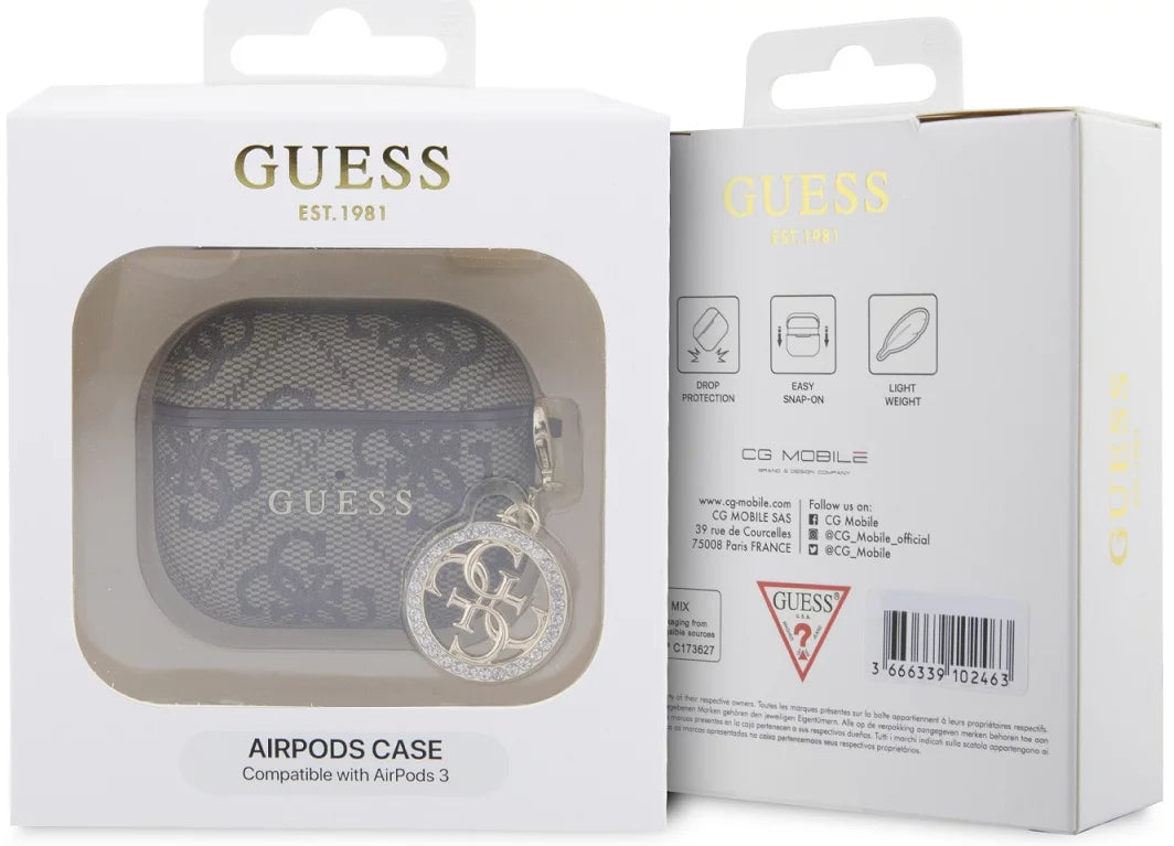 Husa Guess 4G Script PC/PU Charm pentru AirPods 3 Maro