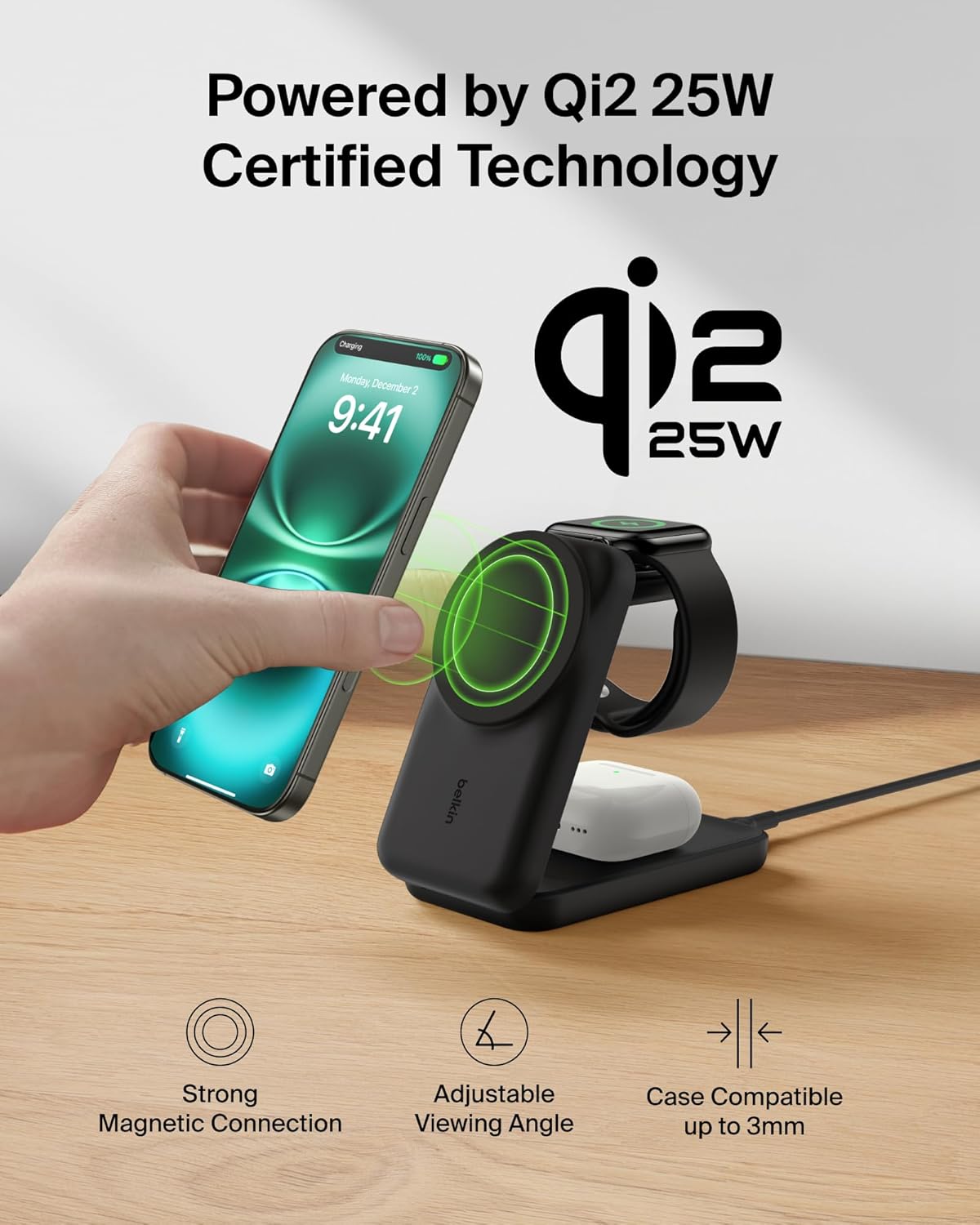 Încărcător wireless Belkin UltraCharge 3 în 1, Qi2, 25W, magnetic, compatibil MagSafe, pentru iPhone 17 / iPhone Air / Apple Watch / AirPods / Pixelsnap, adaptor 45W inclus,