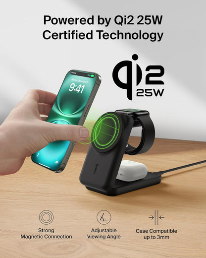 Încărcător wireless Belkin UltraCharge 3 în 1, Qi2, 25W, magnetic, compatibil MagSafe, pentru iPhone 17 / iPhone Air / Apple Watch / AirPods / Pixelsnap, adaptor 45W inclus,