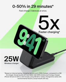 Încărcător wireless Belkin UltraCharge 3 în 1, Qi2, 25W, magnetic, compatibil MagSafe, pentru iPhone 17 / iPhone Air / Apple Watch / AirPods / Pixelsnap, adaptor 45W inclus,