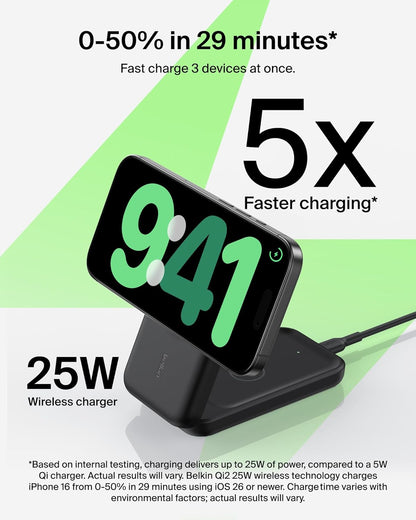 Încărcător wireless Belkin UltraCharge 3 în 1, Qi2, 25W, magnetic, compatibil MagSafe, pentru iPhone 17 / iPhone Air / Apple Watch / AirPods / Pixelsnap, adaptor 45W inclus,