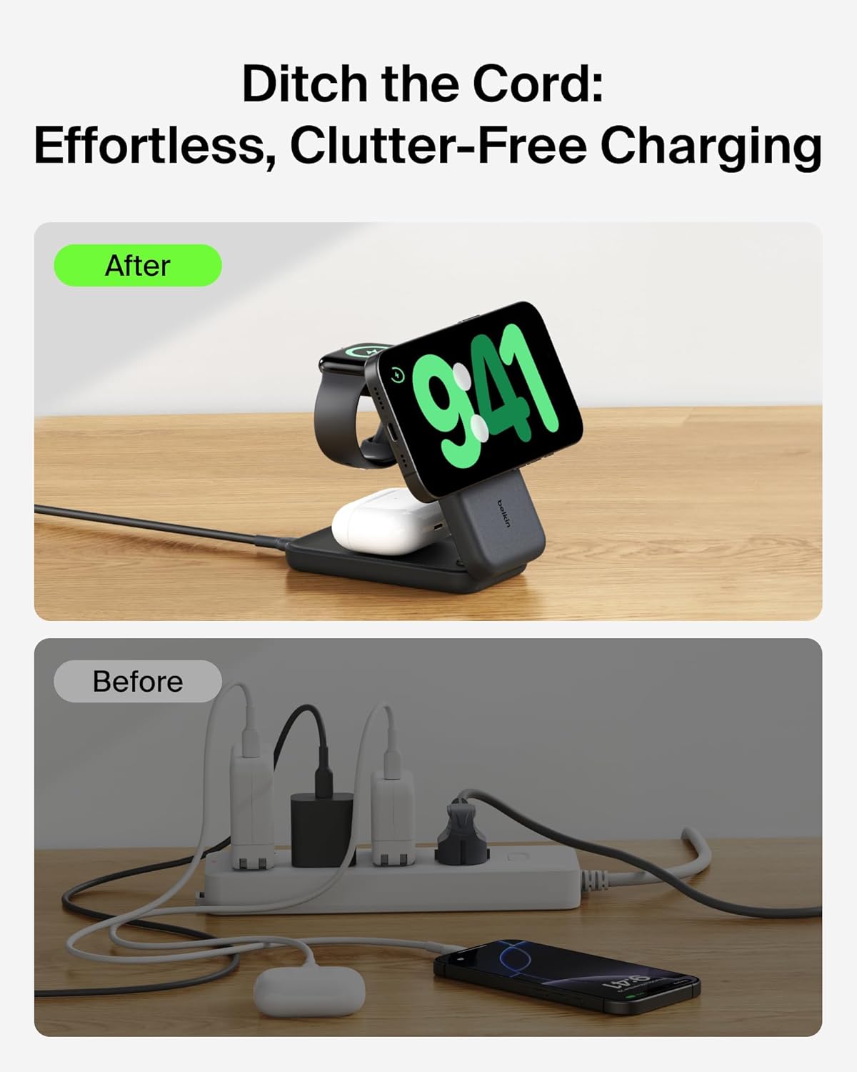 Încărcător wireless Belkin UltraCharge 3 în 1, Qi2, 25W, magnetic, compatibil MagSafe, pentru iPhone 17 / iPhone Air / Apple Watch / AirPods / Pixelsnap, adaptor 45W inclus,