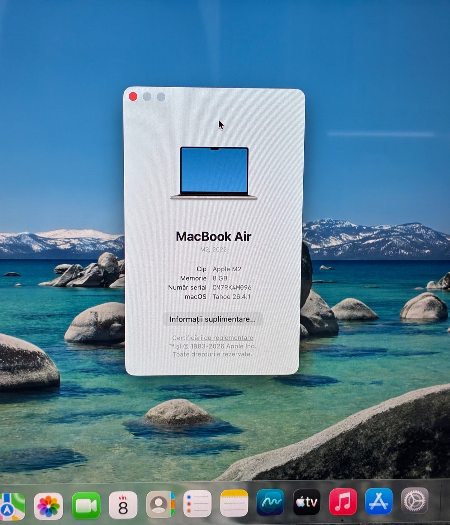Laptop Apple MacBook Air 2022, M2, 13.6", 8 GB RAM, 512 GB SSD, Baterie 89%, 307 Cicluri, Tasta lipsa