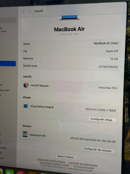 MacBook Air 13" ,512 GB, 16 GB RAM, Procesor M3 , Space Grey , Baterie 90% , 199 Cicluri