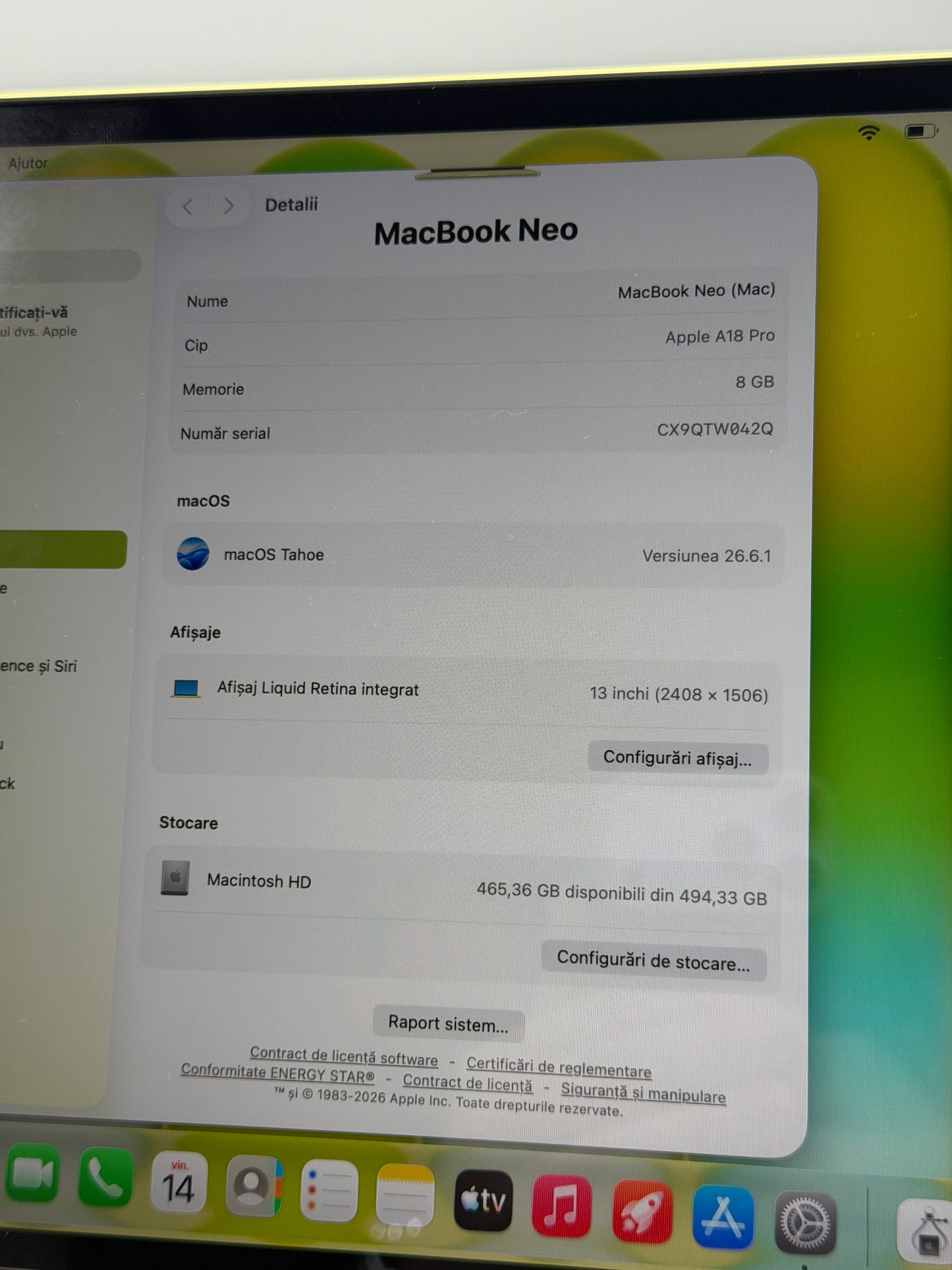 Macbook Neo 13" , 512 GB , 8 GB RAM , A18 PRO, Baterie 100% , 7 Cicluri , Citrus