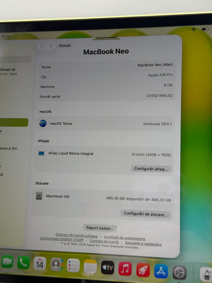Macbook Neo 13" , 512 GB , 8 GB RAM , A18 PRO, Baterie 100% , 7 Cicluri , Citrus
