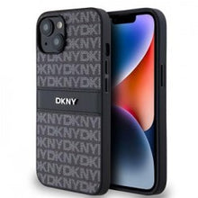 Husa DKNY pentru iPhone 14 cu dungi tonale, logo metalic, neagră