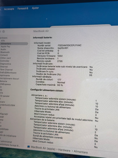 Macbook Air 13" / 2020  / M1 / 8 GB RAM / 250 GB SSD / 177 Cicluri / Silver