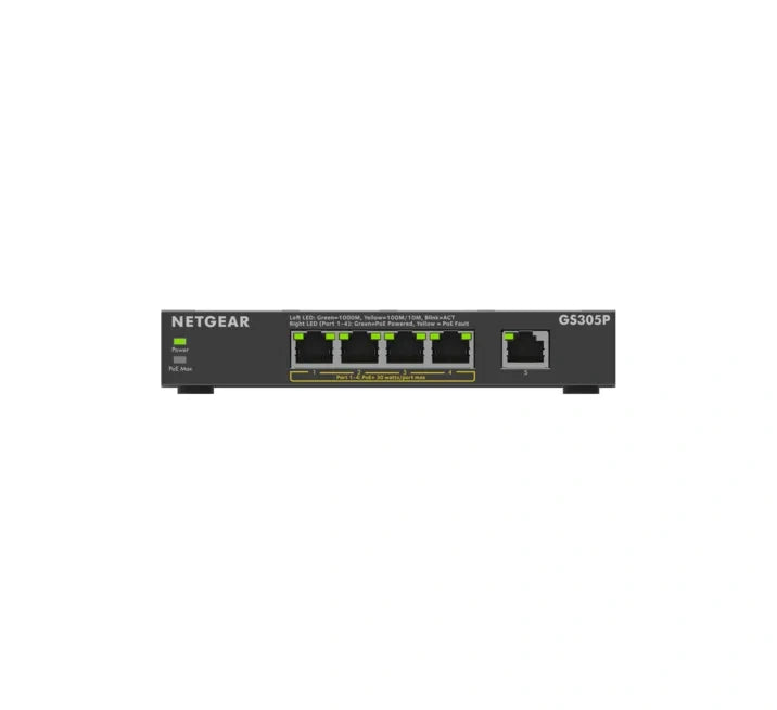 Switch Netgear GS305P v3, 5 porturi Gigabit, 4 porturi PoE+, buget PoE 63W, negestionat