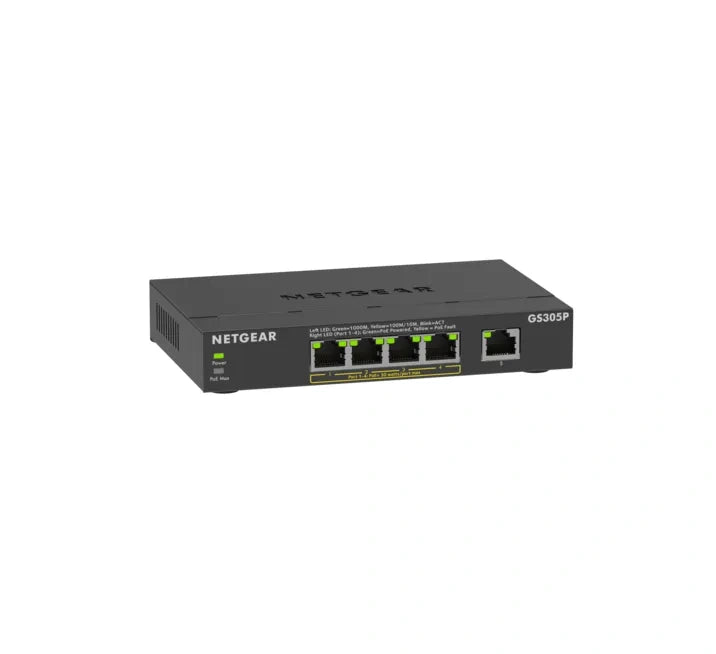 Switch Netgear GS305P v3, 5 porturi Gigabit, 4 porturi PoE+, buget PoE 63W, negestionat