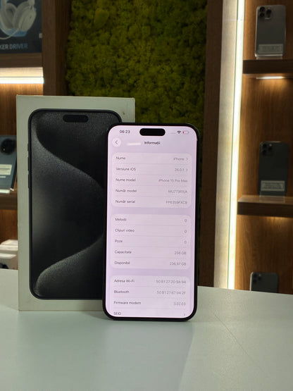 iPhone 15 Pro Max, 256GB, Baterie 89%,322 cicluri, Negru