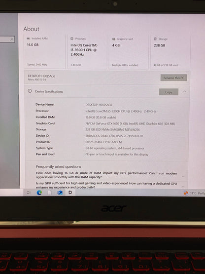 Laptop Acer Gaming 15.6" Nitro 5 | AN515-51 | Intel i5-9300H | Windows 10 | 8GB/1TB | Nvidia GTX 1650 4GB, Negru