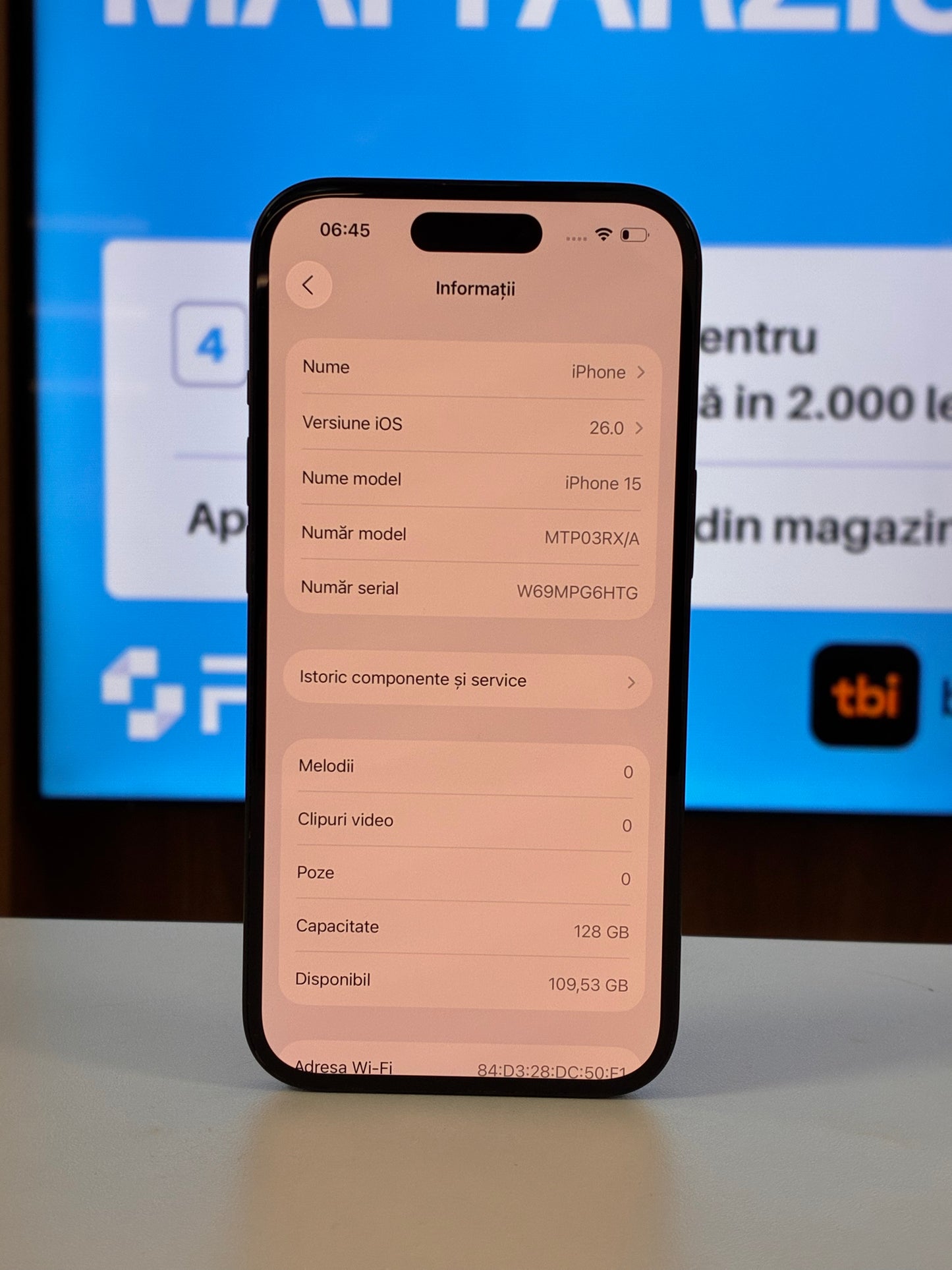 iPhone 15, 128GB, Baterie 100%, 0 cicluri, Negru
