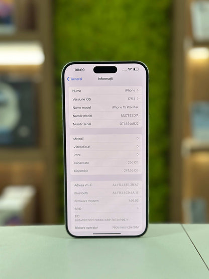 iPhone 15 Pro Max, 256 GB, Baterie 90%, 363 Cicluri, Alb