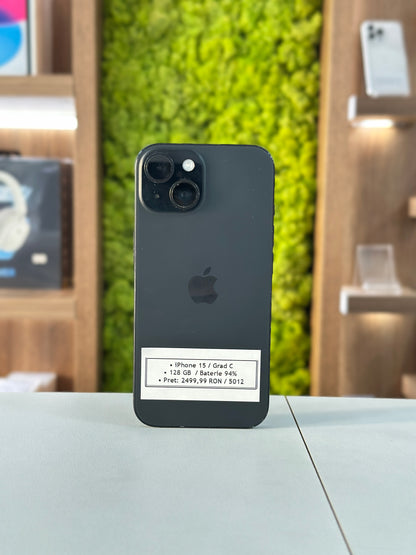 iPhone 15, 128 GB, baterie 94%, Negru