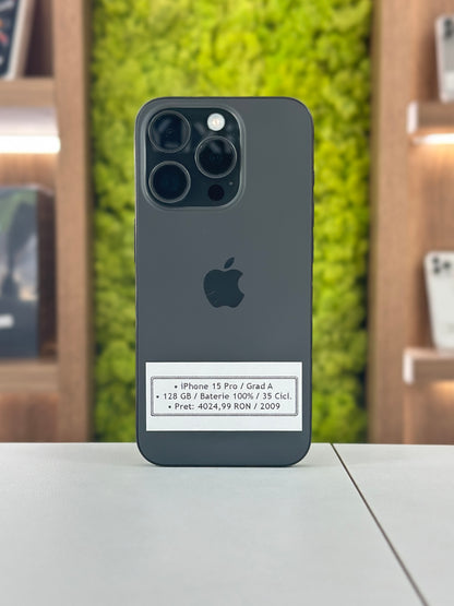 iPhone 15 Pro, 128 GB, Baterie 100%, 35 Cicluri, Negru