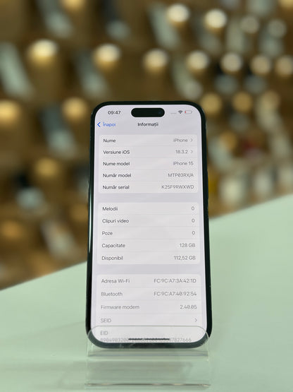iPhone 15, 128GB, Baterie 100%, 0 cicluri , Black