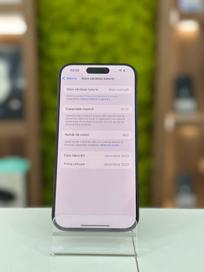 iPhone 15 Pro, 128 GB, Baterie 100% , 0 Cicluri, Titan negru