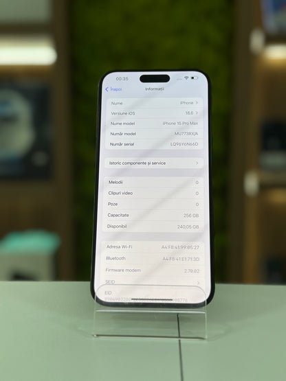 iPhone 15 Pro Max, 256 GB, Baterie 89% , 487 cicluri,  Titan negru