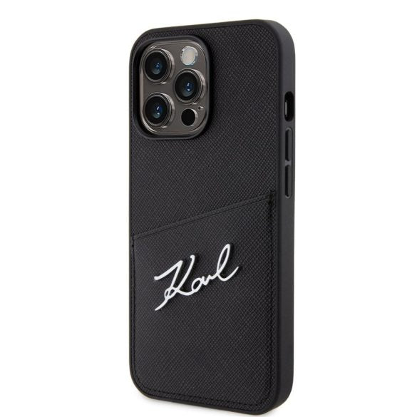 Husa Karl Lagerfeld Saffiano Card Slot Metal Signature pentru iPhone 13 Pro, negru