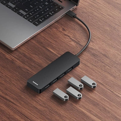 Adaptor USB Baseus UltraJoy 4-in-1 Lite, USB-A la 4xUSB-A 3.0, 5Gbps, cu cablu de 100cm, Negru.