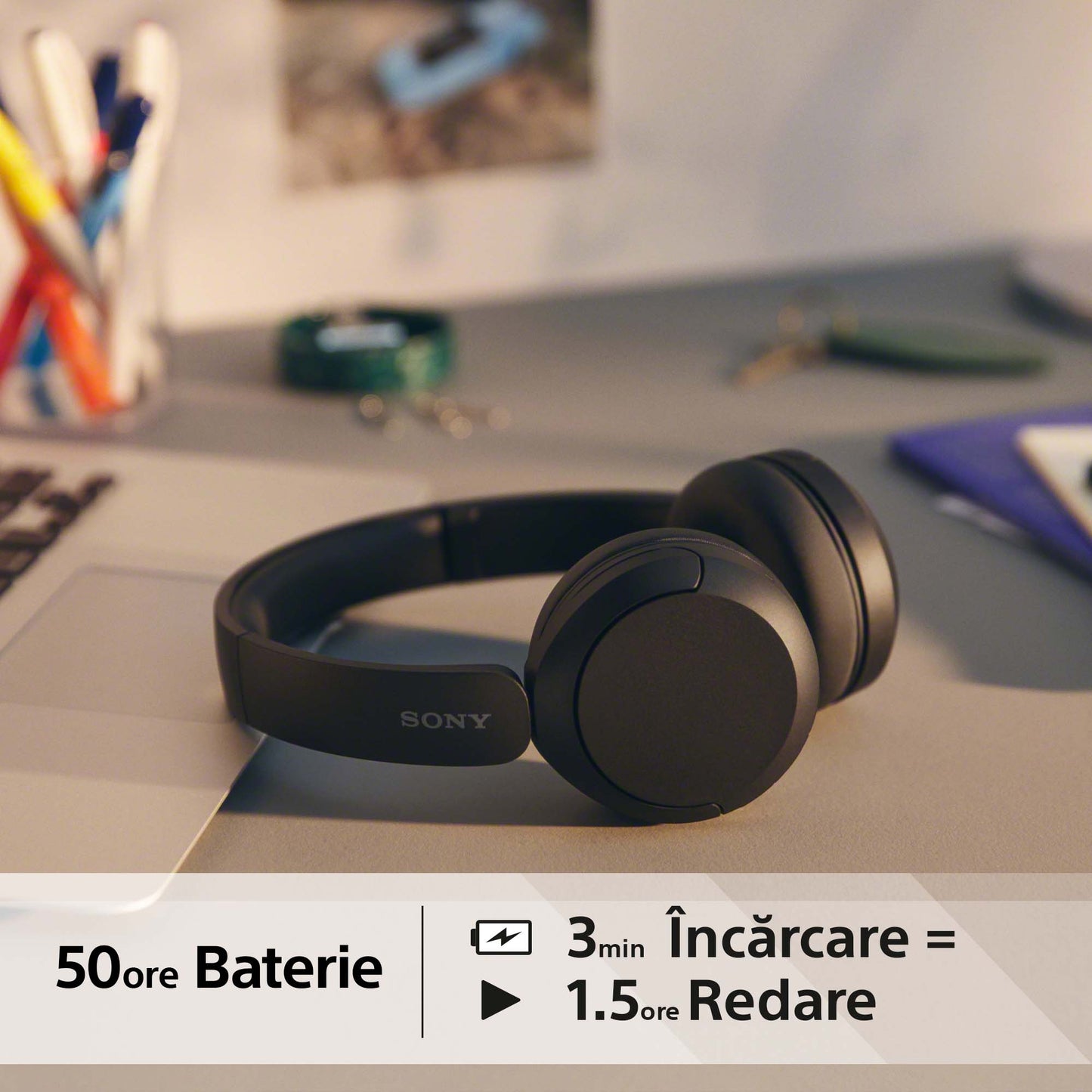 Casti SONY WH-CH520B, Bluetooth, On-Ear, Microfon, Negru