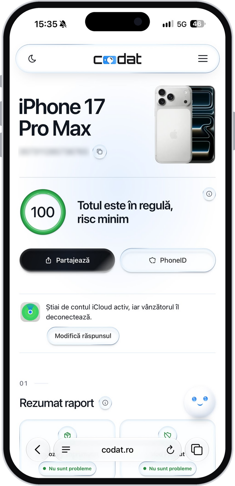 Raport codat pentru un iPhone 17 Pro Max, cu scor 100 și risc minim