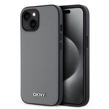 Husă  DKNY Magsafe din piele PU cu logo metalic argintiu pentru iPhone 14, gri
