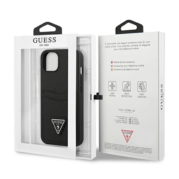 Husa Guess SaffianoTriangle Logo Cardslot pentru iPhone 13 mini, Negru
