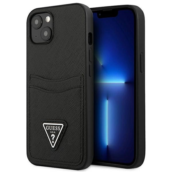Husa Guess SaffianoTriangle Logo Cardslot pentru iPhone 13 mini, Negru