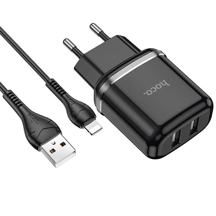 FIXLY l  Hoco Incarcator + Cablu Lightning Hoco N4, 18W, 2.4A, 2xUSB-A, QC 3.0, Negru