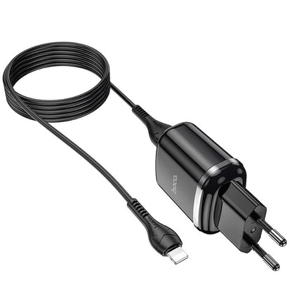 FIXLY l  Hoco Incarcator + Cablu Lightning Hoco N4, 18W, 2.4A, 2xUSB-A, QC 3.0, Negru