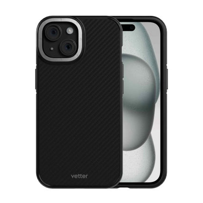 Husa Vetter iPhone 15, Clip-On Compatibil MagSafe, Aramid Fiber, Hybrid Kevlar, Negru cu Gri