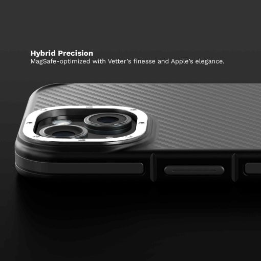 Husa Vetter iPhone 15, Clip-On Compatibil MagSafe, Aramid Fiber, Hybrid Kevlar, Negru cu Gri