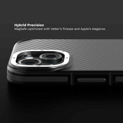 Husa Vetter iPhone 15, Clip-On Compatibil MagSafe, Aramid Fiber, Hybrid Kevlar, Negru cu Gri