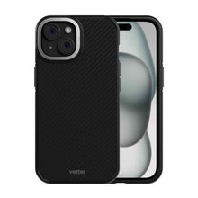 Husa Vetter iPhone 15 Plus, Clip-On Compatibil MagSafe, Aramid Fiber, Hybrid Kevlar, Negru cu Gri