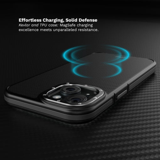 Husa Vetter iPhone 15 Plus, Clip-On Compatibil MagSafe, Aramid Fiber, Hybrid Kevlar, Negru cu Gri