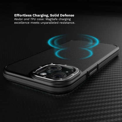 Husa Vetter iPhone 15 Plus, Clip-On Compatibil MagSafe, Aramid Fiber, Hybrid Kevlar, Negru cu Gri