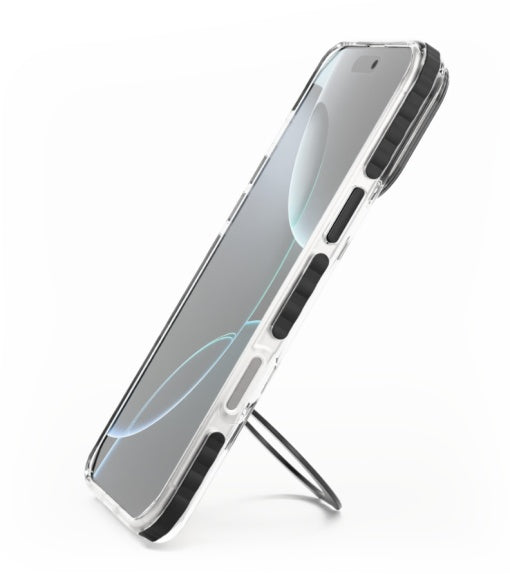 Husa Vetter iPhone 16 Pro Max, Clip-On Crystal Compatibil MagSafe, with foldable stand, Transparent cu Negru
