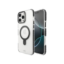 Husa iPhone 16 Pro Max, compatibilă cu Clip-On Crystal MagSafe, cu suport pliabil, transparentă cu negru