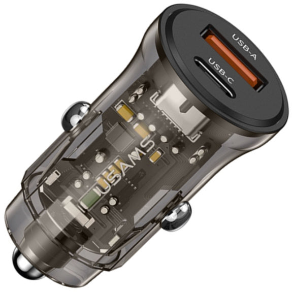 Încărcător auto USAMS US-CC164 cu porturi USB-C / USB-A - 30W - gri