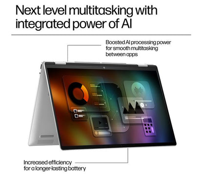 Laptop HP Envy x360 16-ac0501na, 16” 2-in-1 Touch, Intel Core Ultra 7 155U până la 4.8GHz, 16GB LPDDR5, 512GB SSD, Intel Graphics, Wi-Fi 7, Windows 11 Home, tastatură iluminată, Glacier Silver