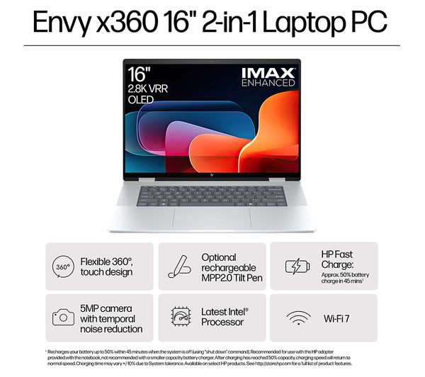Laptop HP Envy x360 16-ac0501na, 16” 2-in-1 Touch, Intel Core Ultra 7 155U până la 4.8GHz, 16GB LPDDR5, 512GB SSD, Intel Graphics, Wi-Fi 7, Windows 11 Home, tastatură iluminată, Glacier Silver