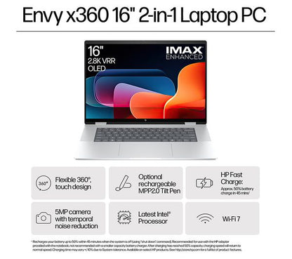 Laptop HP Envy x360 16-ac0501na, 16” 2-in-1 Touch, Intel Core Ultra 7 155U până la 4.8GHz, 16GB LPDDR5, 512GB SSD, Intel Graphics, Wi-Fi 7, Windows 11 Home, tastatură iluminată, Glacier Silver