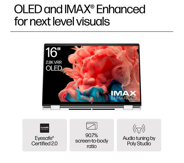 Laptop HP Envy x360 16-ac0501na, 16” 2-in-1 Touch, Intel Core Ultra 7 155U până la 4.8GHz, 16GB LPDDR5, 512GB SSD, Intel Graphics, Wi-Fi 7, Windows 11 Home, tastatură iluminată, Glacier Silver