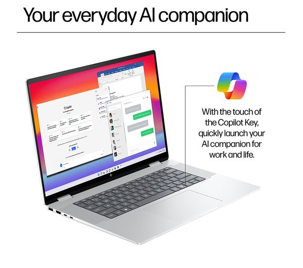 Laptop HP Envy x360 16-ac0501na, 16” 2-in-1 Touch, Intel Core Ultra 7 155U până la 4.8GHz, 16GB LPDDR5, 512GB SSD, Intel Graphics, Wi-Fi 7, Windows 11 Home, tastatură iluminată, Glacier Silver