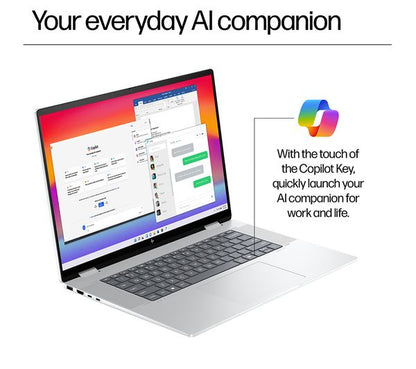 Laptop HP Envy x360 16-ac0501na, 16” 2-in-1 Touch, Intel Core Ultra 7 155U până la 4.8GHz, 16GB LPDDR5, 512GB SSD, Intel Graphics, Wi-Fi 7, Windows 11 Home, tastatură iluminată, Glacier Silver