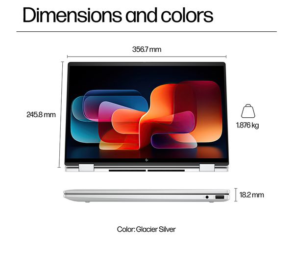 Laptop HP Envy x360 16-ac0501na, 16” 2-in-1 Touch, Intel Core Ultra 7 155U până la 4.8GHz, 16GB LPDDR5, 512GB SSD, Intel Graphics, Wi-Fi 7, Windows 11 Home, tastatură iluminată, Glacier Silver