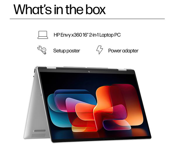 Laptop HP Envy x360 16-ac0501na, 16” 2-in-1 Touch, Intel Core Ultra 7 155U până la 4.8GHz, 16GB LPDDR5, 512GB SSD, Intel Graphics, Wi-Fi 7, Windows 11 Home, tastatură iluminată, Glacier Silver