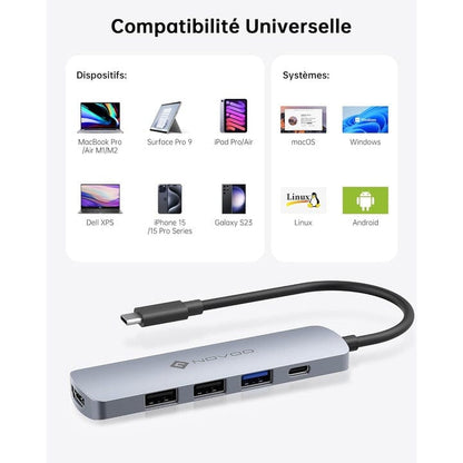 FIXLY l  NOVOO Adaptor USB-C NOVOO 5-in-1, iSmart, cu 4K USB-C la HDMI, 3 porturi USB 3.0, sursa de alimentare de 100 W